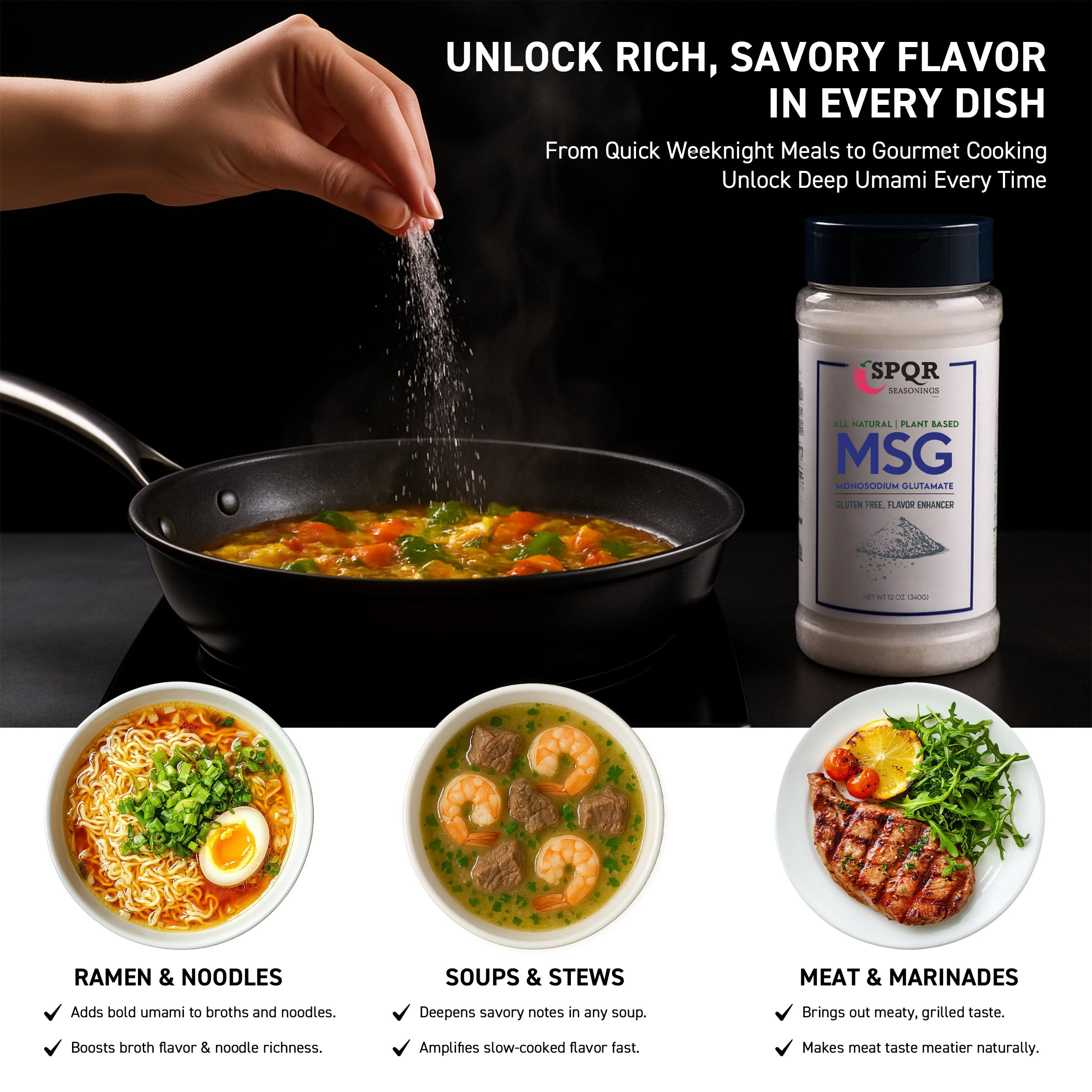 SPQR Seasonings MSG close-up with cheese and mushrooms showing natural glutamate origins.