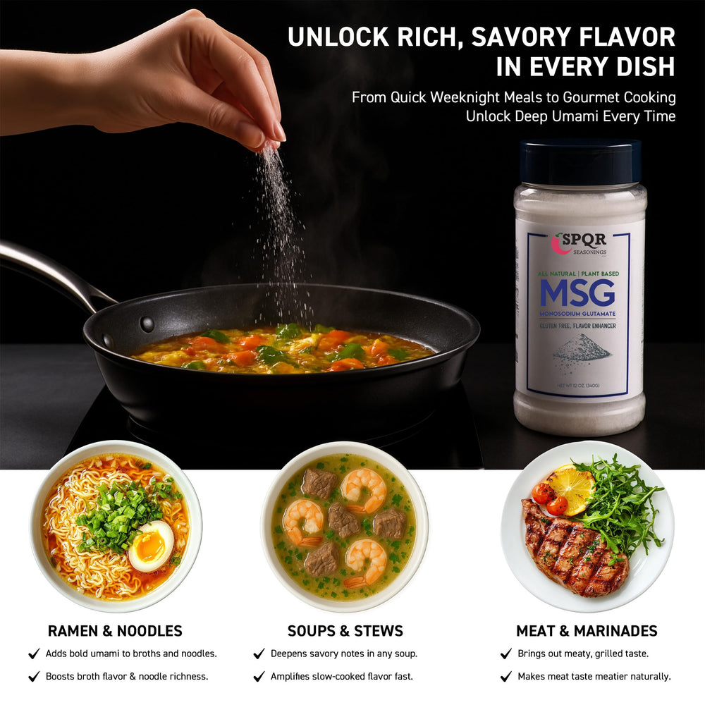 SPQR Seasonings MSG close-up with cheese and mushrooms showing natural glutamate origins.