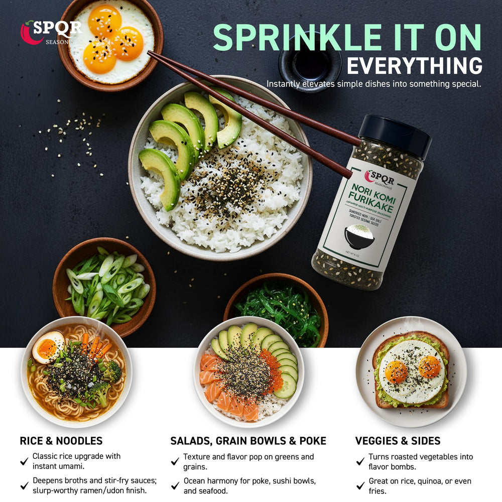 SPQR Nori Komi Furikake jar label highlights sugar-free formula for busy cooks