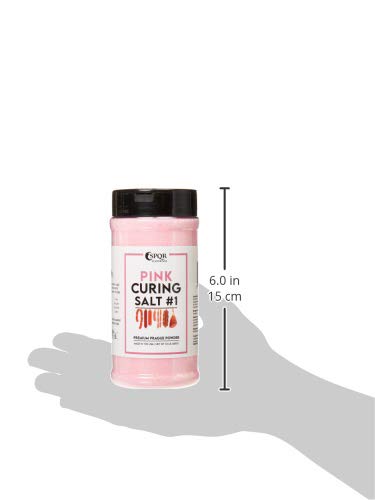 SPQR pink curing salt No.1 bottle on kitchen counter.