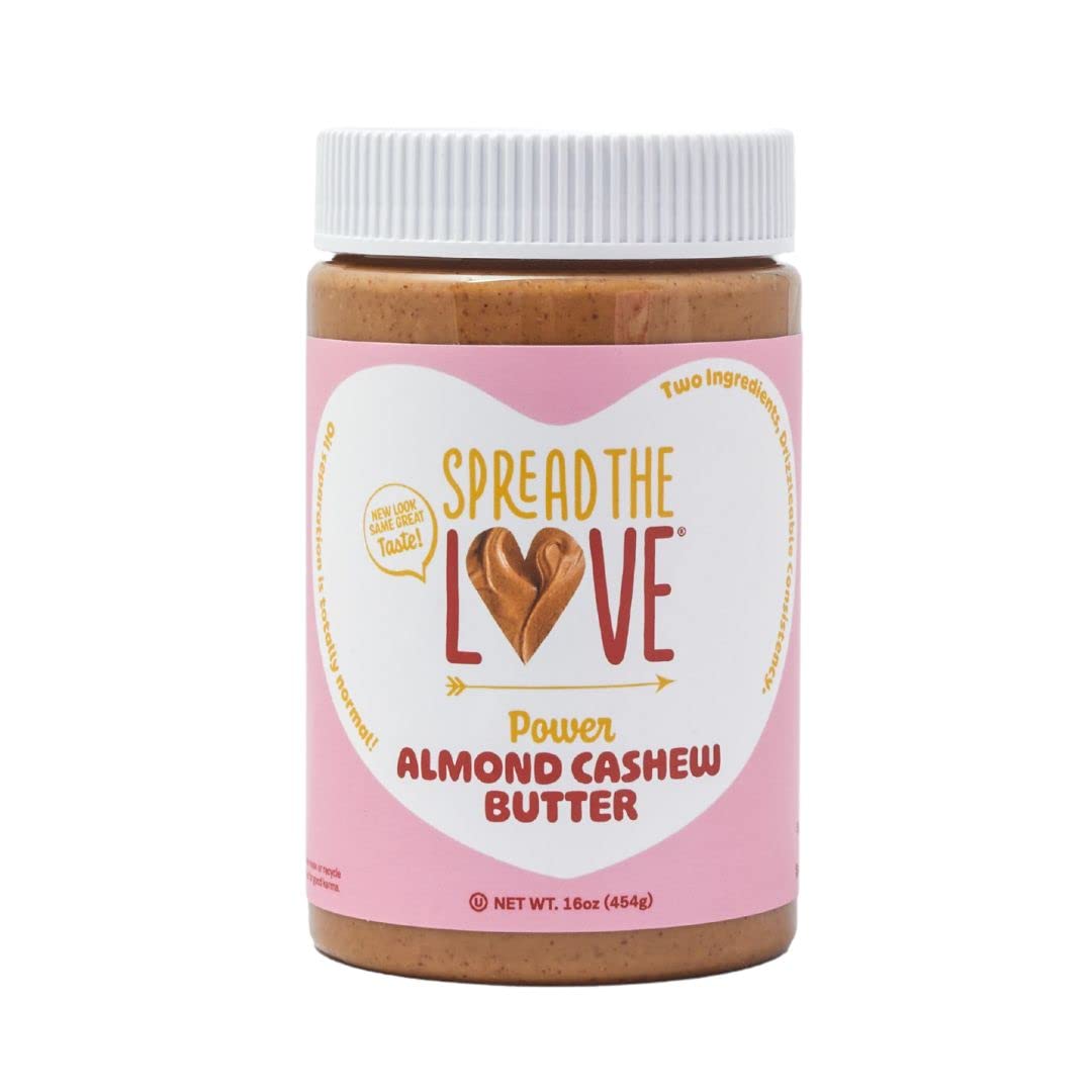 Spread The Love Almond Cashew Power Butter jar showing creamy, simple ingredients