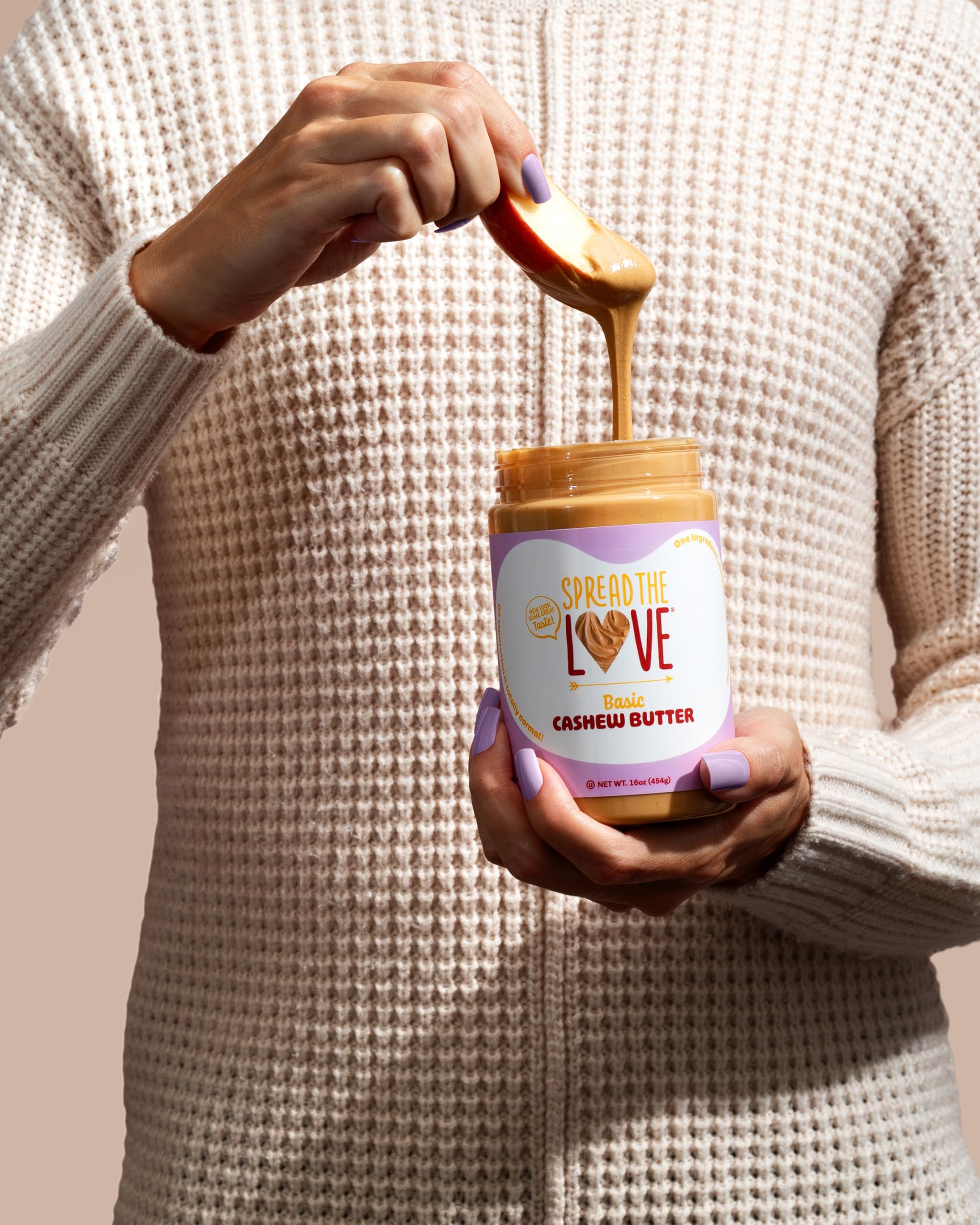 Spread The Love Basic Cashew Butter label highlights pure cashews.