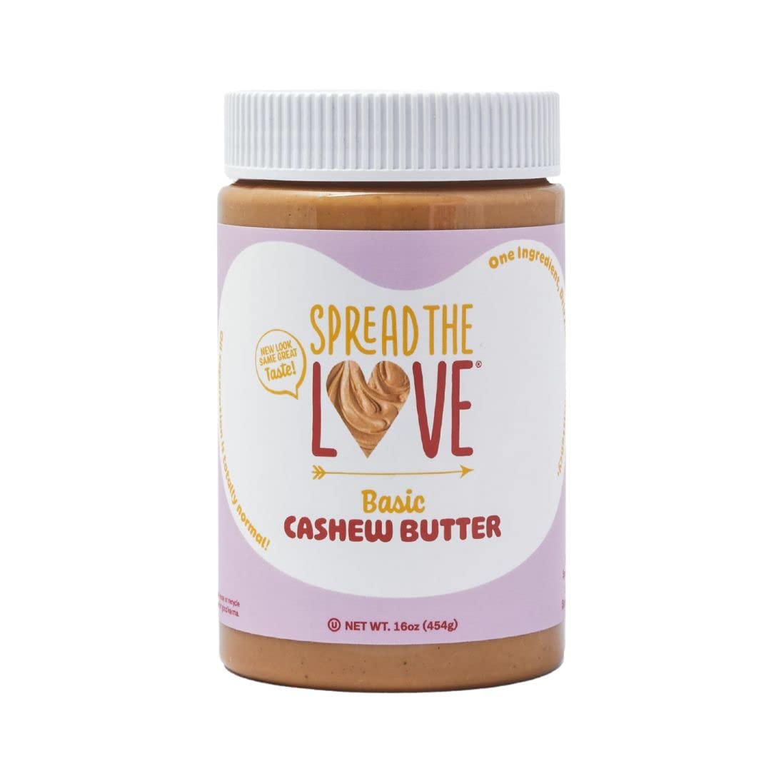 Spread The Love Basic Cashew Butter jar shows pure cashews for clean snacking.