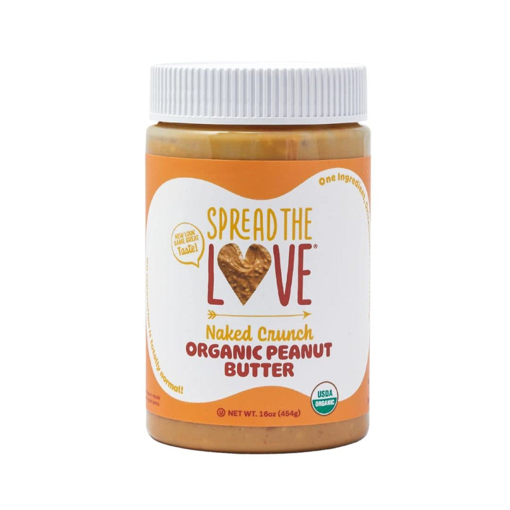 Spread The Love Naked Crunch peanut butter jar close-up showing creamy texture for toast
