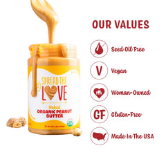 Spread The Love Naked Organic Peanut Butter bottle, wholesome nutrition from dry-roasted peanuts.