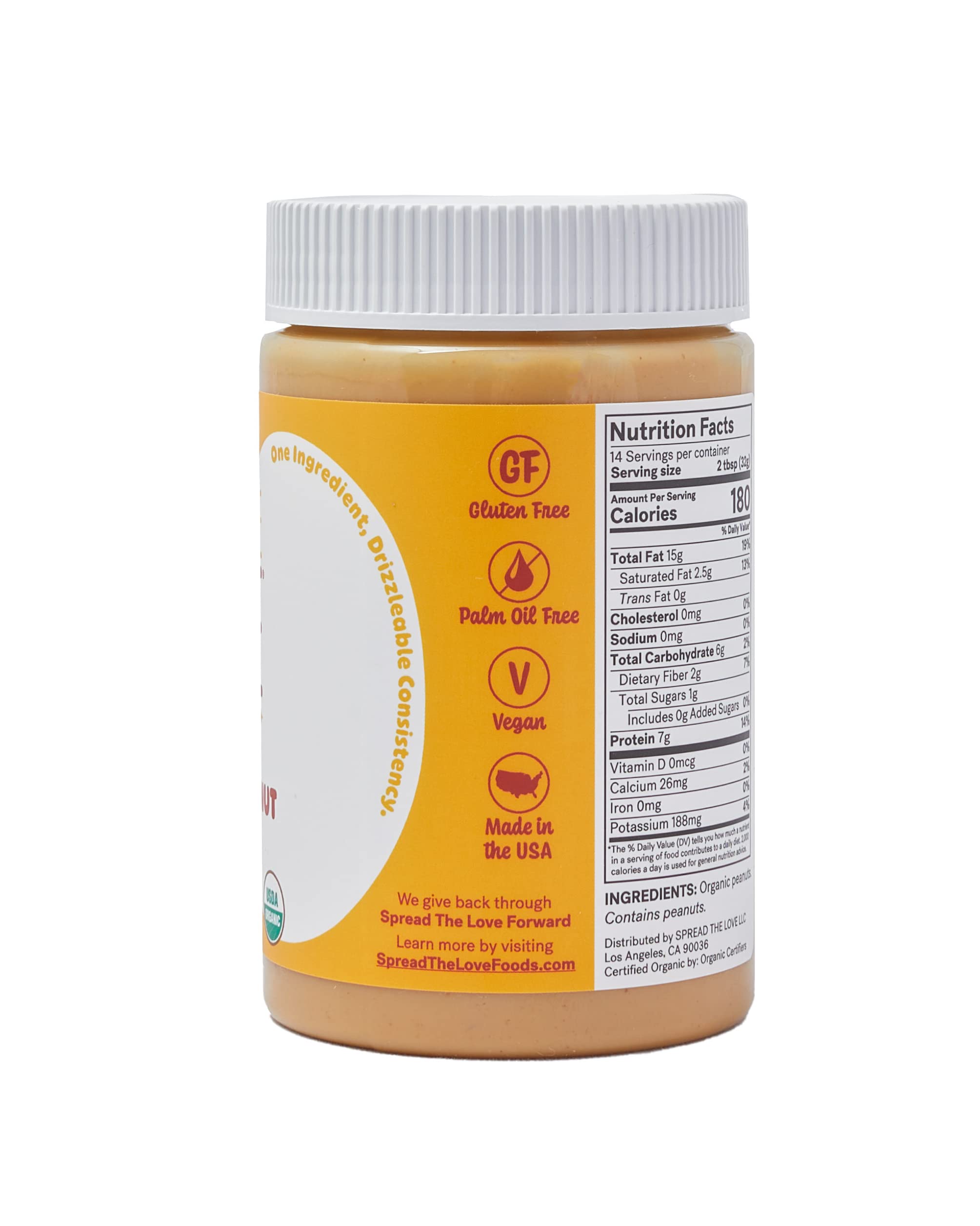 Spread The Love Naked Organic Peanut Butter label, gluten-free and palm-oil-free for clean snacking.