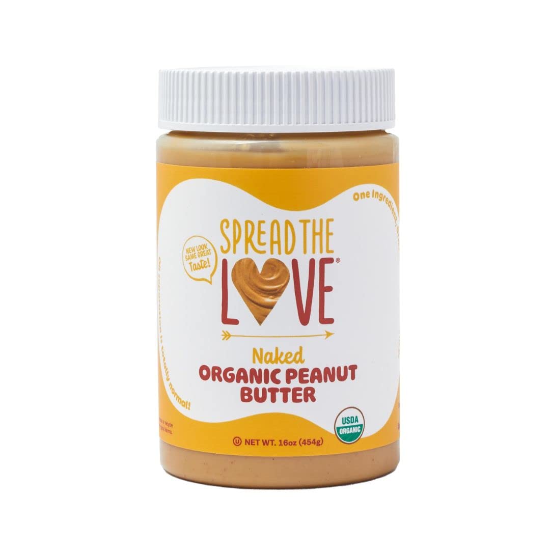 Spread The Love Naked Organic Peanut Butter jar, creamy spread for toast and snacks.