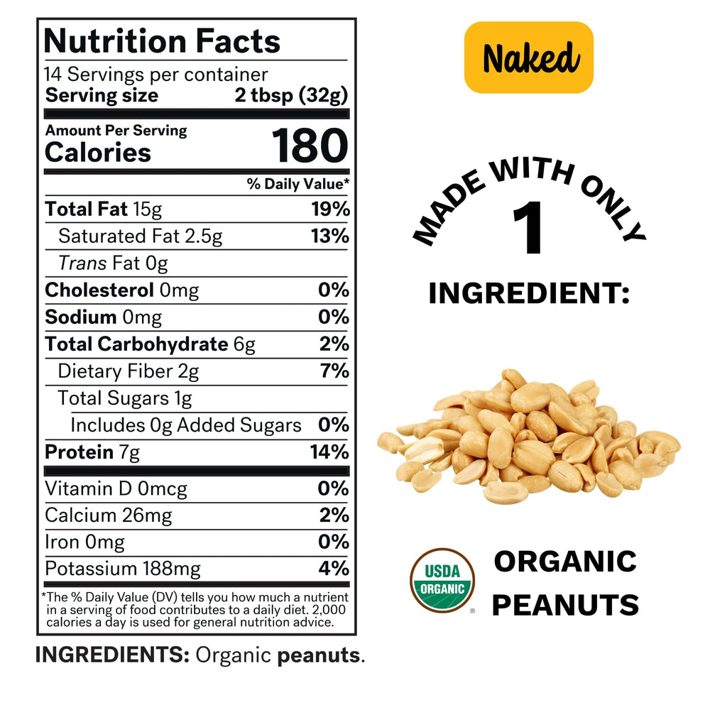 Spread The Love Naked Organic Peanut Butter jar, smooth texture ideal for drizzling over fruit.