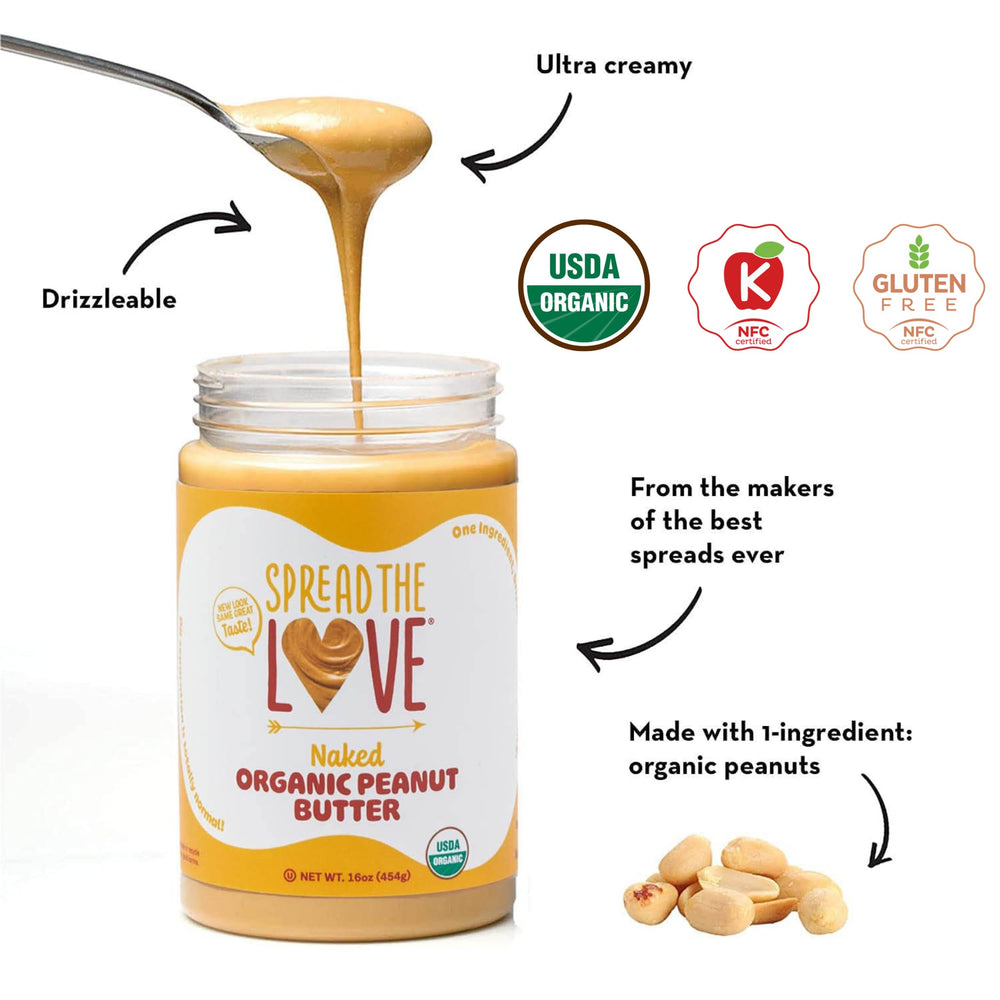 Spread The Love Naked Organic Peanut Butter glass jar, ready for creamy spreads on toast.
