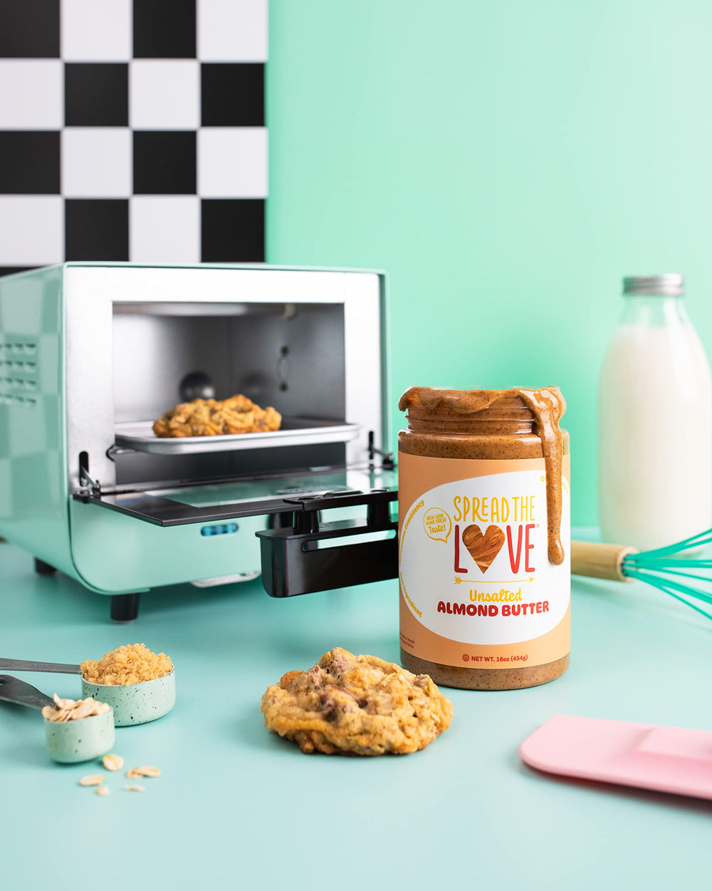 Spread The Love almond butter jar at room temperature ready for snacking.