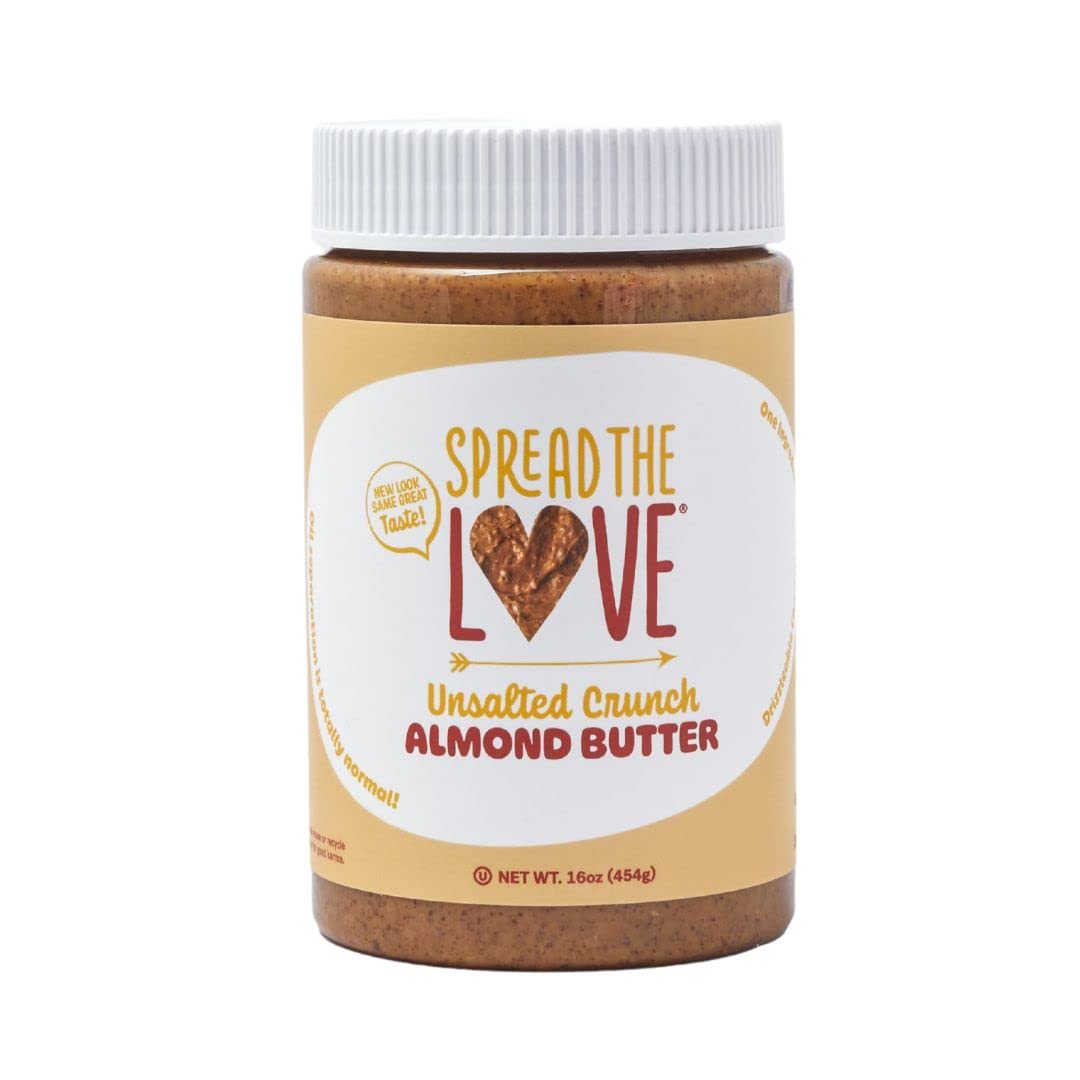 Spread The Love unsalted crunch almond butter jar showcasing clean ingredients and snack-ready convenience.