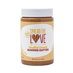 Spread The Love unsalted crunch almond butter jar showcasing clean ingredients and snack-ready convenience.