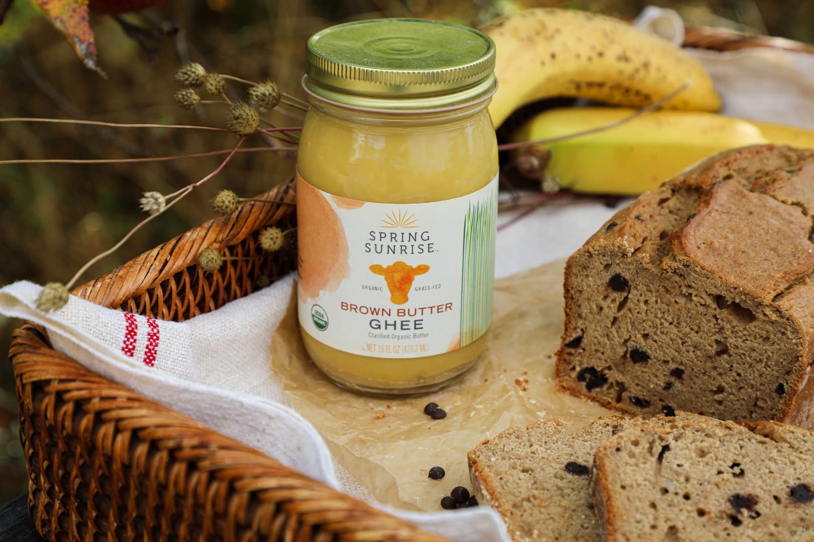 Spring Sunrise Brown Ghee bottle emphasizing high smoke point for frying