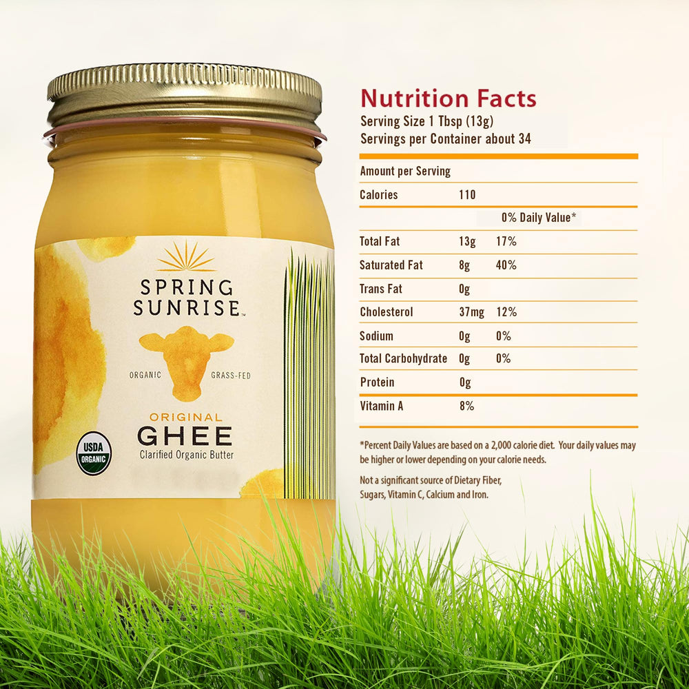 Spring Sunrise Ghee label close-up showing USDA Organic certification.