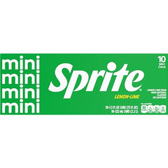 Sprite Lemon-Lime mini can pack shows ten caffeine-free cans for quick refreshment.