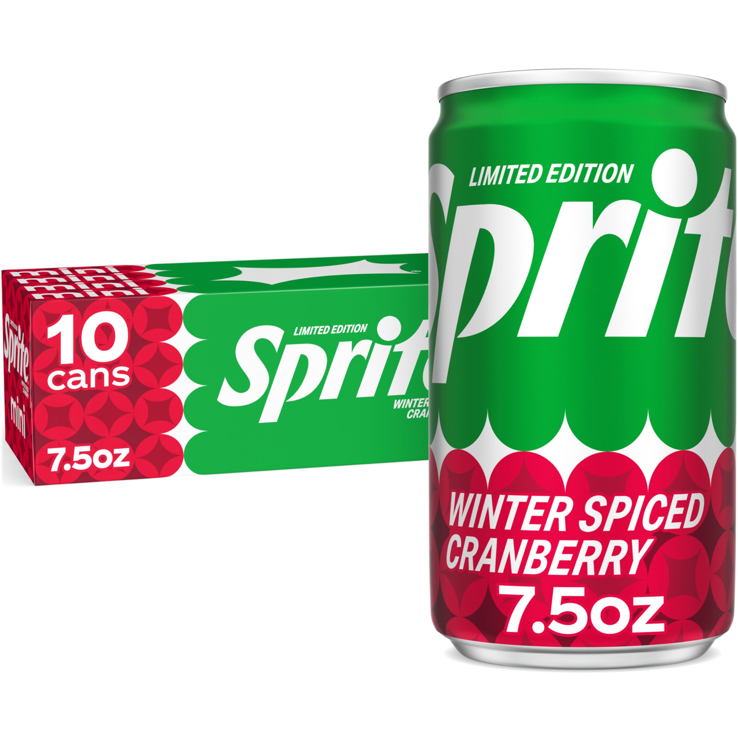 Sprite Winter Spiced Cranberry mini can on ice, caffeine-free festive refreshment.