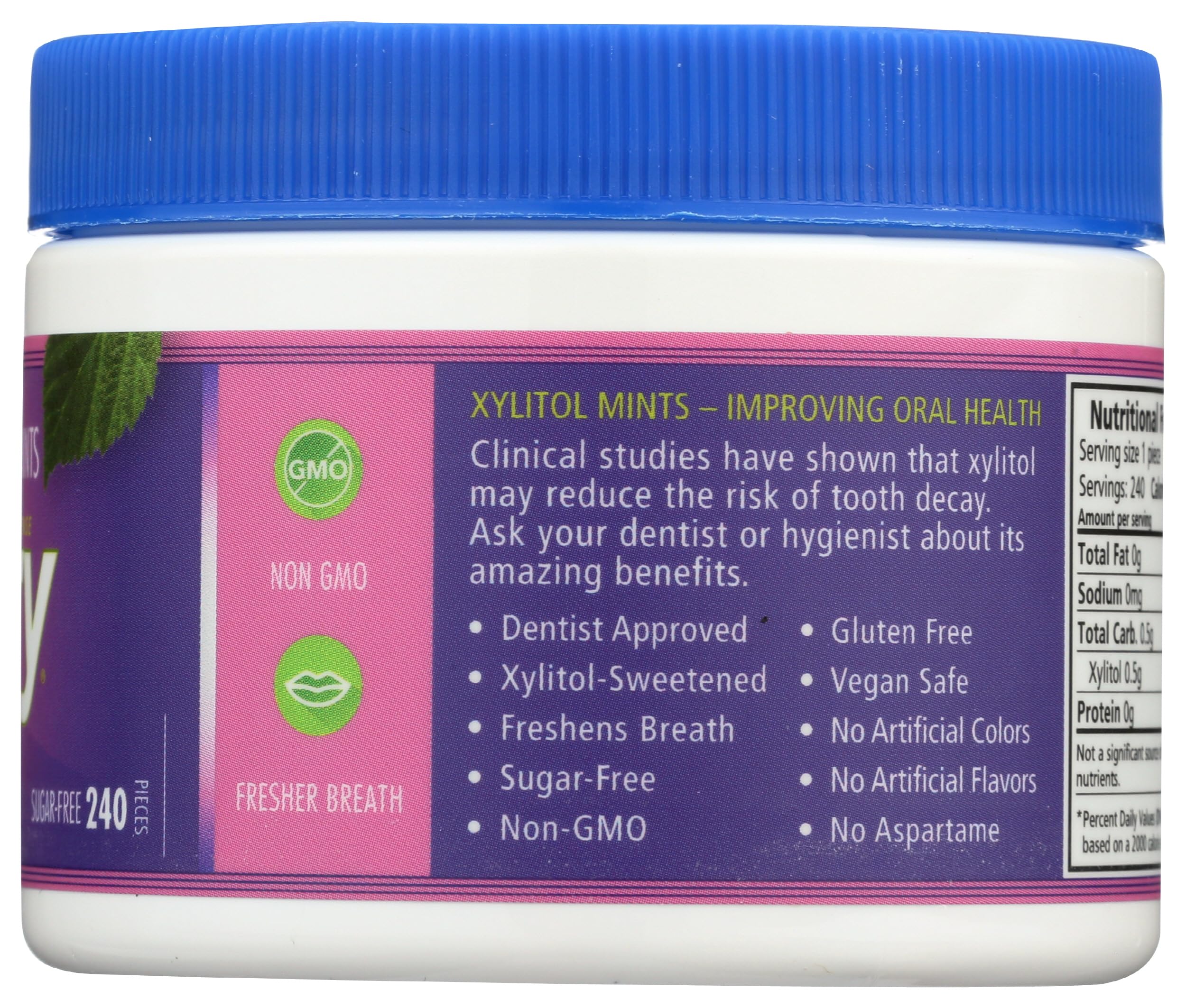 Label emphasizes non GMO and gluten free attributes on Spry Berry Blast Mints