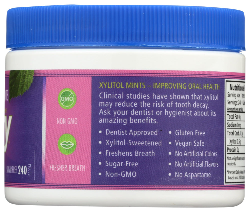 Label emphasizes non GMO and gluten free attributes on Spry Berry Blast Mints