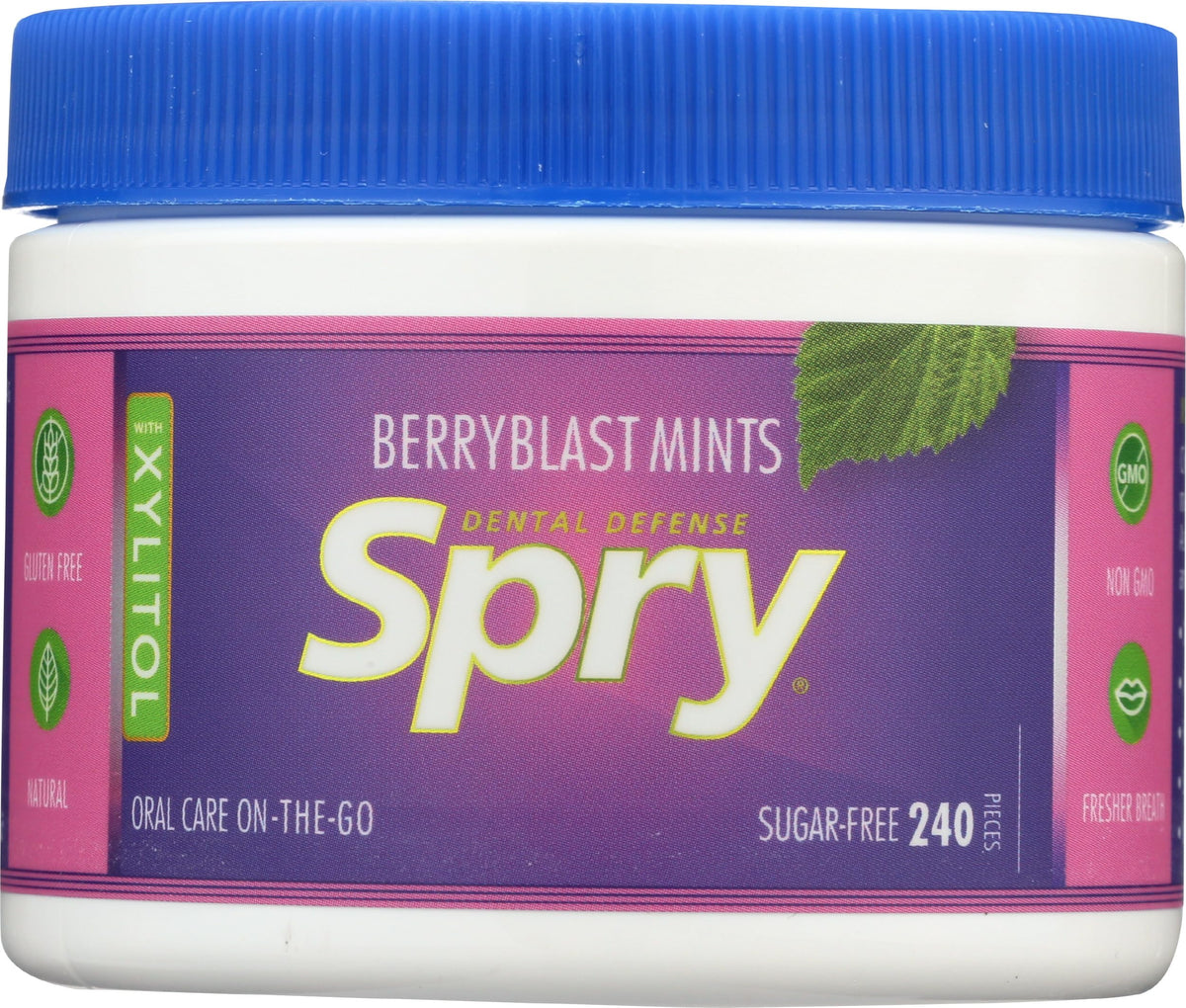 Spry Berry Blast Mints pack shows sugar free, xylitol based freshness for on the go
