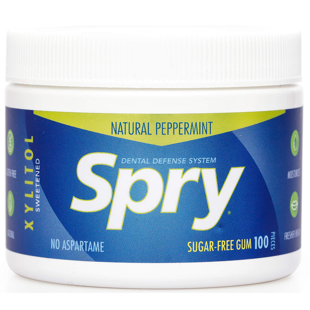 Spry Fresh Peppermint Gum in a screw-on container for on-the-go freshness.