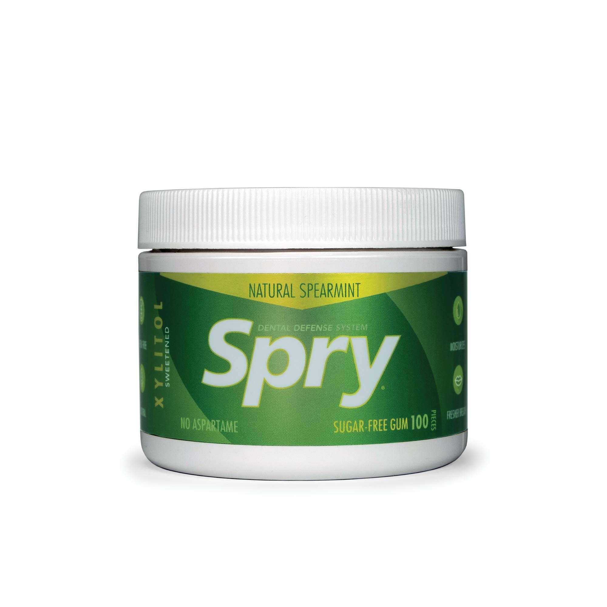 Spry Spearmint Gum container closeup highlighting screw-top freshness and minty flavor.