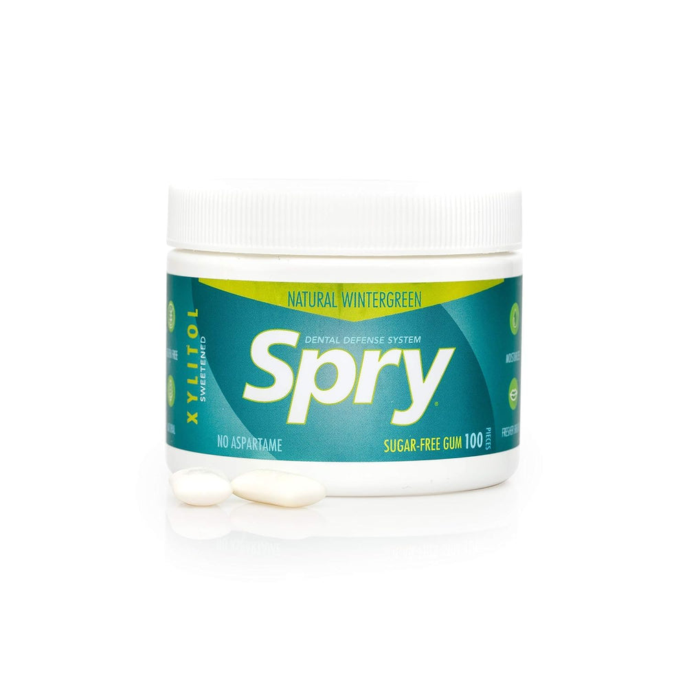 Spry Wintergreen gum breath-freshening action after meals.