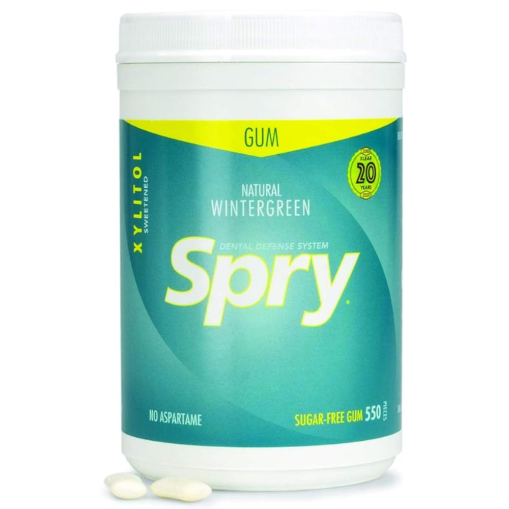 Spry Wintergreen gum pack in a resealable container for on-the-go freshness.