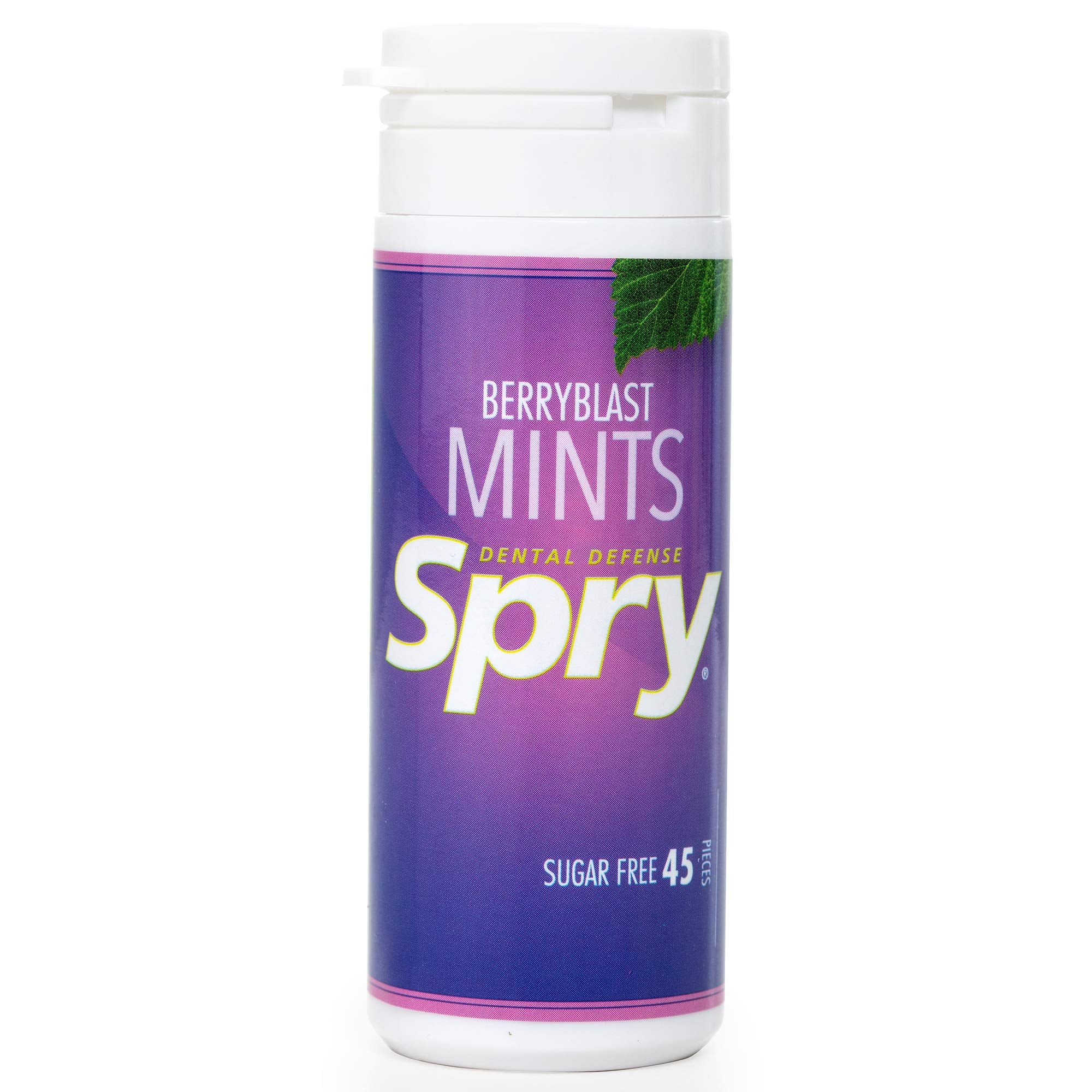Close-up of Spry Xylitol Berry Blast Mints with natural berry flavor.