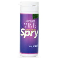 Close-up of Spry Xylitol Berry Blast Mints with natural berry flavor.