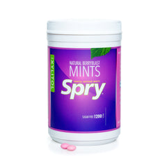 Spry Xylitol Berry Blast Mints on table, convenient everyday breath freshener