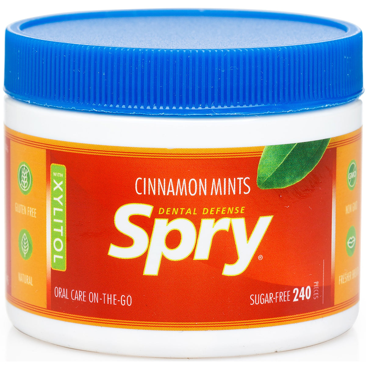 Spry Xylitol Cinnamon Mints bottle front highlights sugar-free breath freshness.