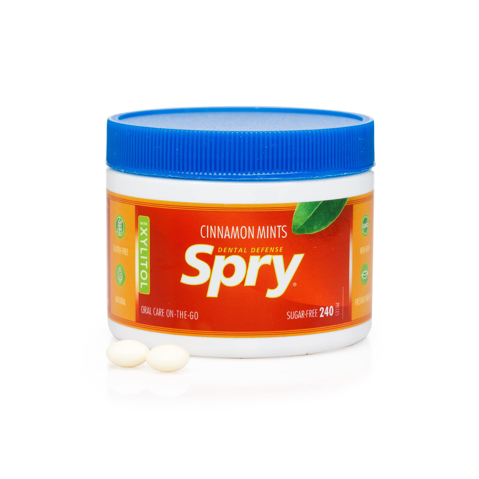 Spry Xylitol Cinnamon Mints being dispensed for on the go oral care.