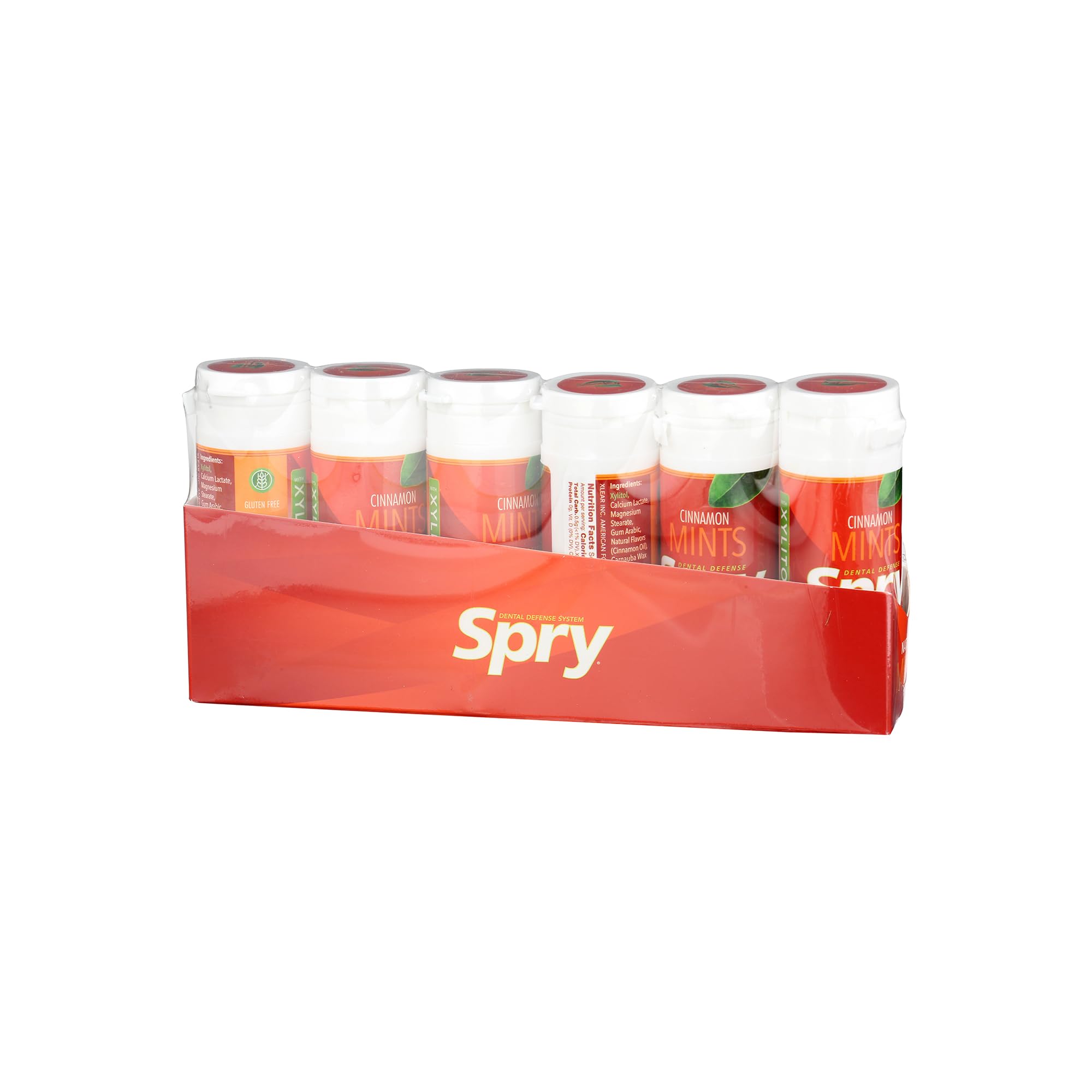 Spry Xylitol Cinnamon Mints glass jar display highlighting gluten-free sugar-free candy