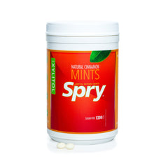 Spry Xylitol Cinnamon Mints label close-up highlighting natural flavor.