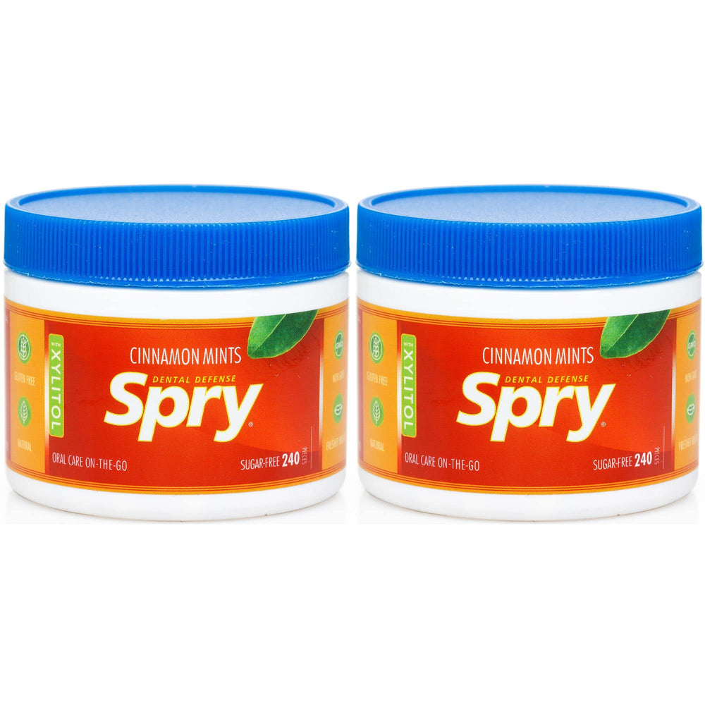 Spry Xylitol Cinnamon Mints two-pack front view showing fresh breath on the go