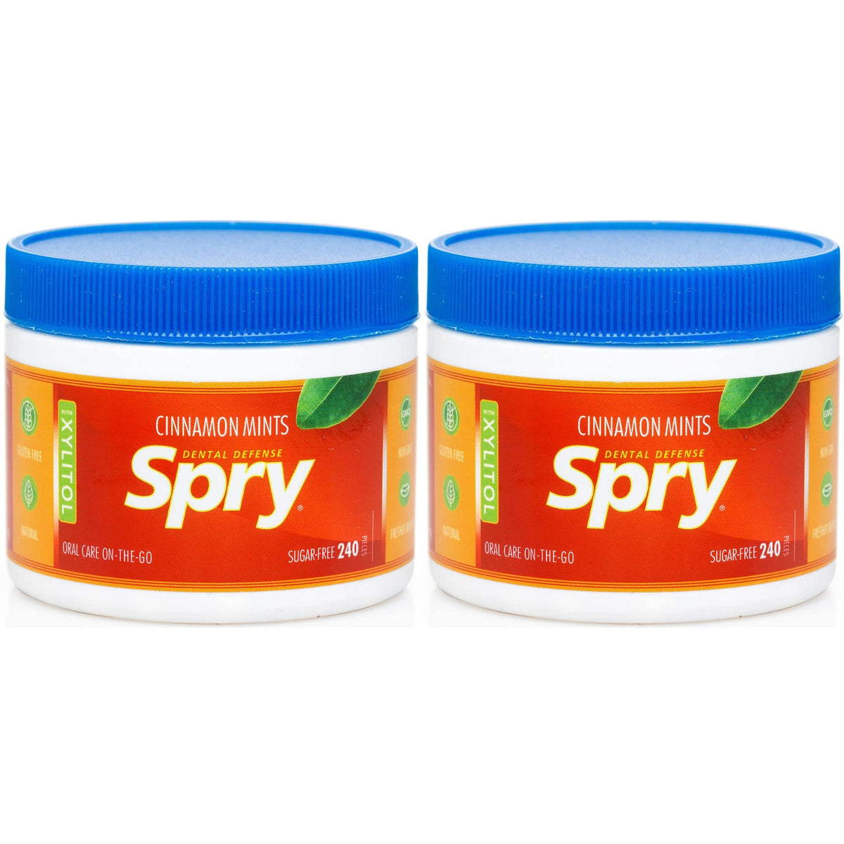Spry Xylitol Cinnamon Mints two-pack front view showing fresh breath on the go