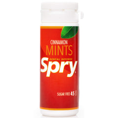 Spry Xylitol Cinnamon Mints pack back with ingredients and dietary notes