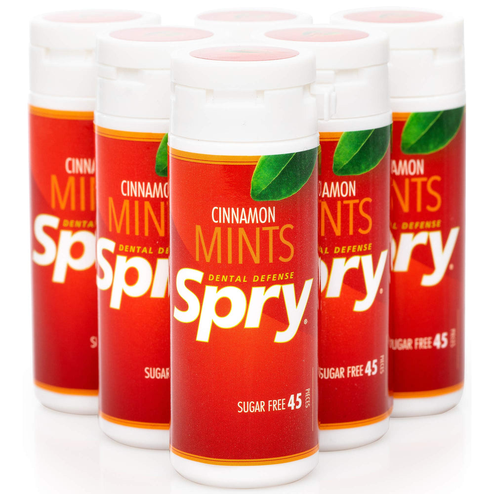 Spry Xylitol Cinnamon Mints pack front view showing sugar-free breath-freshening candy