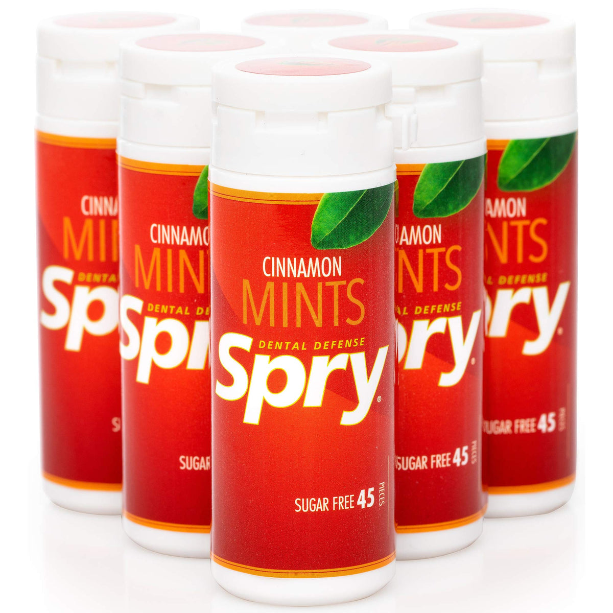 Spry Xylitol Cinnamon Mints pack front view showing sugar-free breath-freshening candy