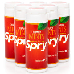 Spry Xylitol Cinnamon Mints pack on table for quick fresh breath after meals
