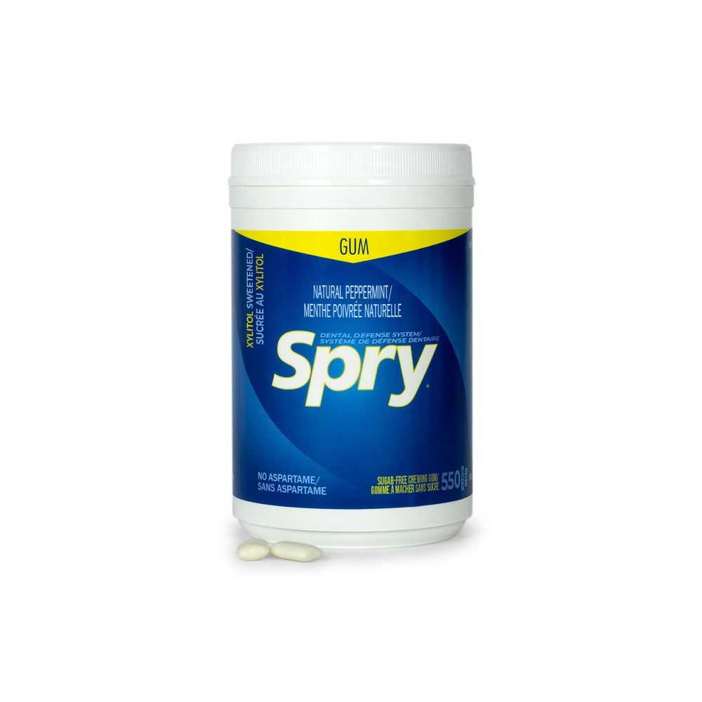 Spry xylitol gum packaging highlighting dental defense system benefits