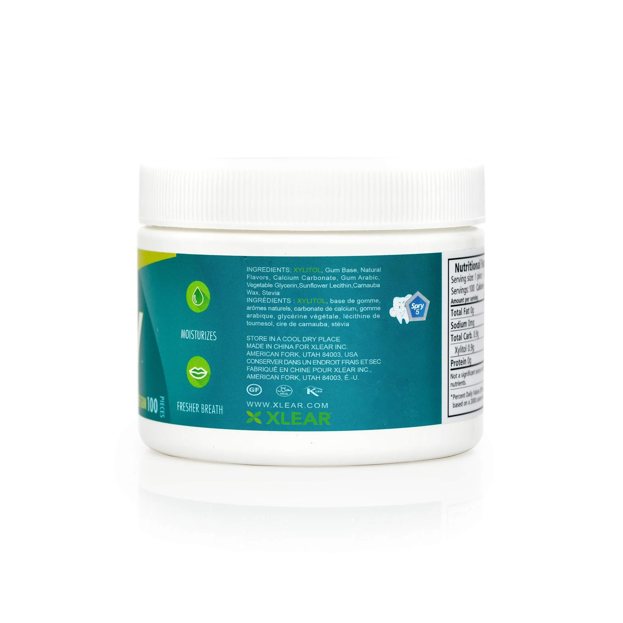 Spry Xylitol gum nutritional info highlights lower calories.