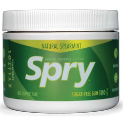 Spry Xylitol gum spearmint pack back view shows ingredients and allergen-free features
