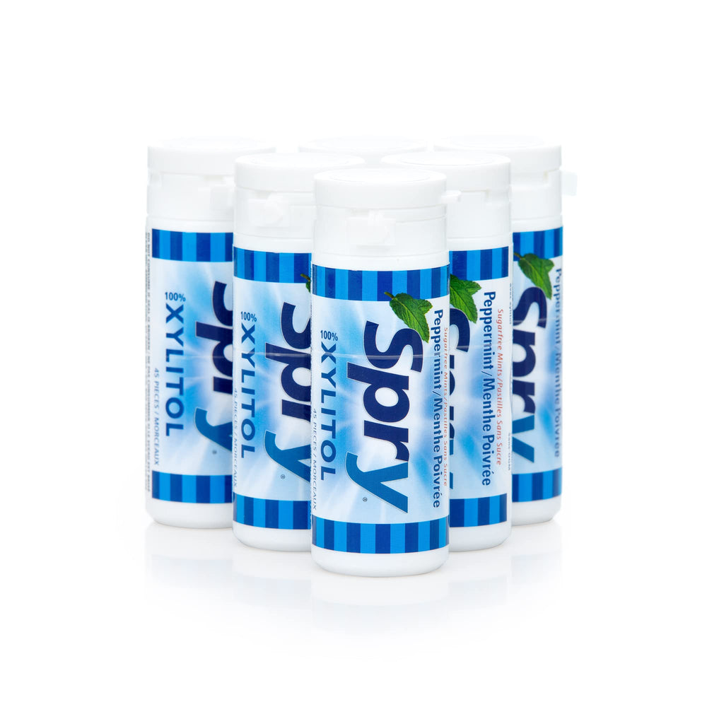 Spry Xylitol Peppermint Candy box of six supports daily use.