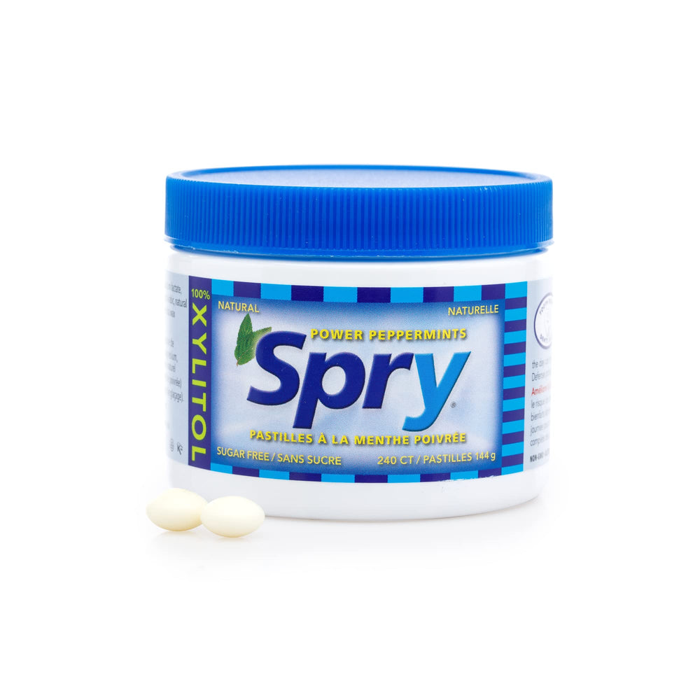 Spry Xylitol Peppermint Candy ingredient panel, no artificial colors or flavors.