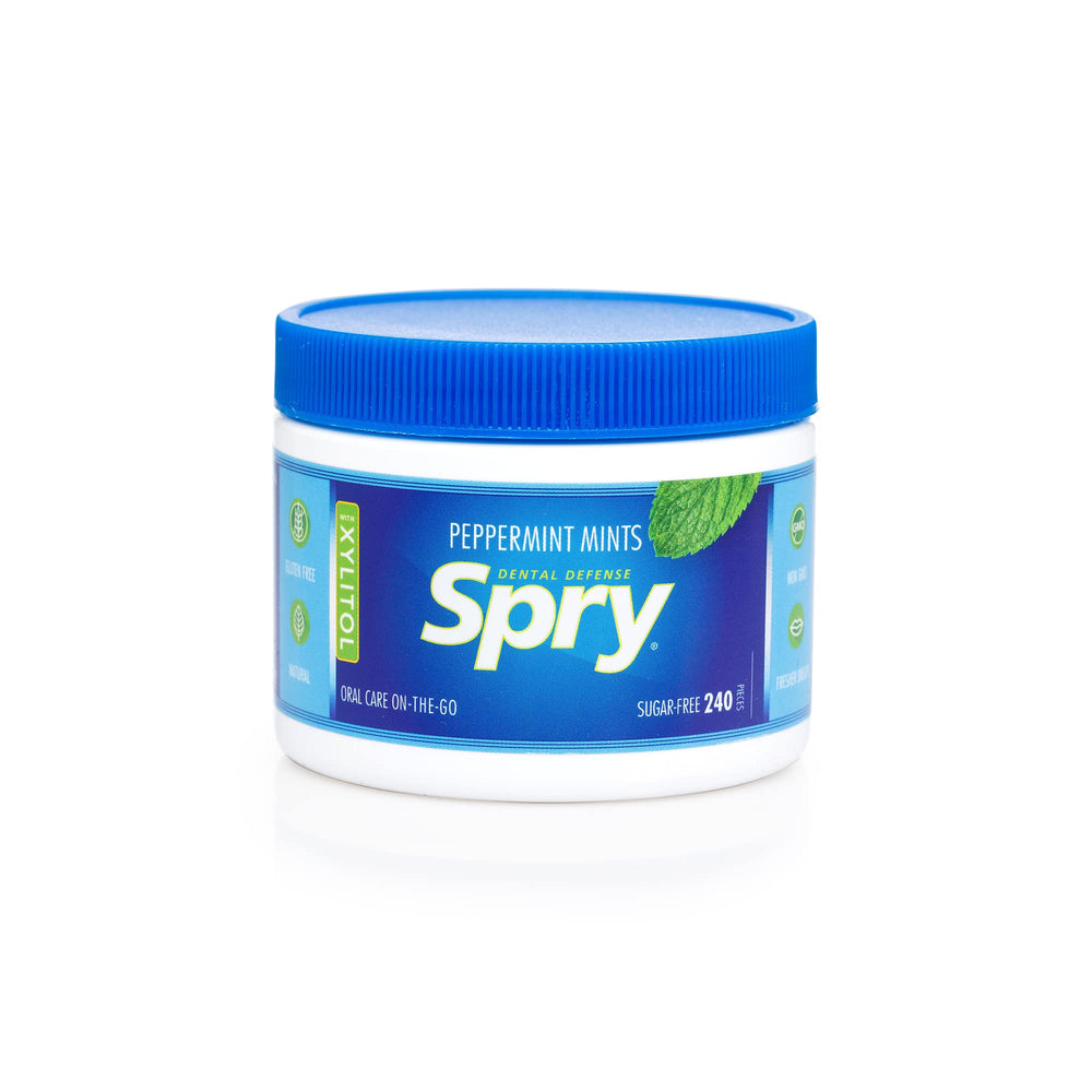 Spry Xylitol Peppermint Candy open label showing natural peppermint flavor.