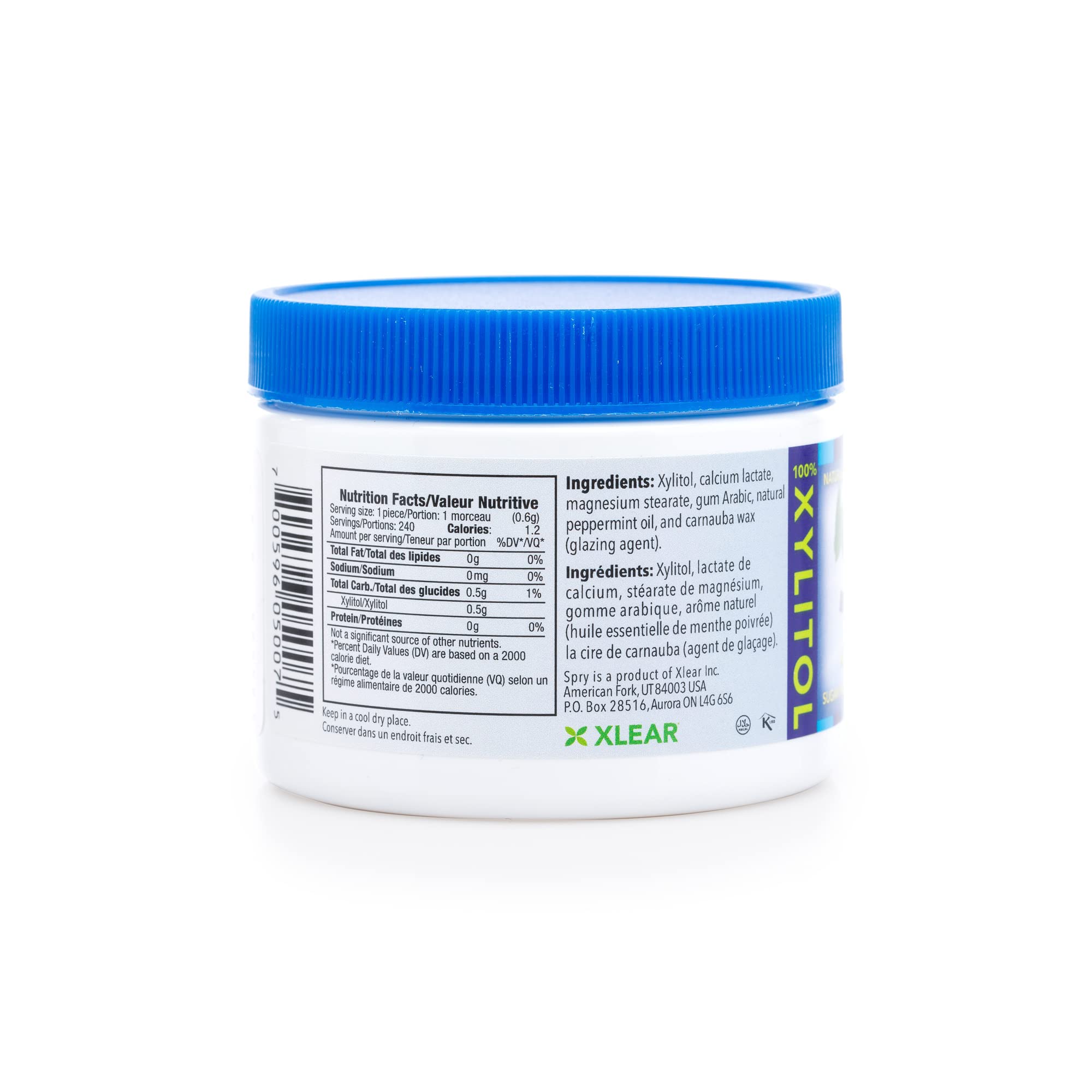 Spry Xylitol Peppermint Candy pack back, view of ingredients and benefits.