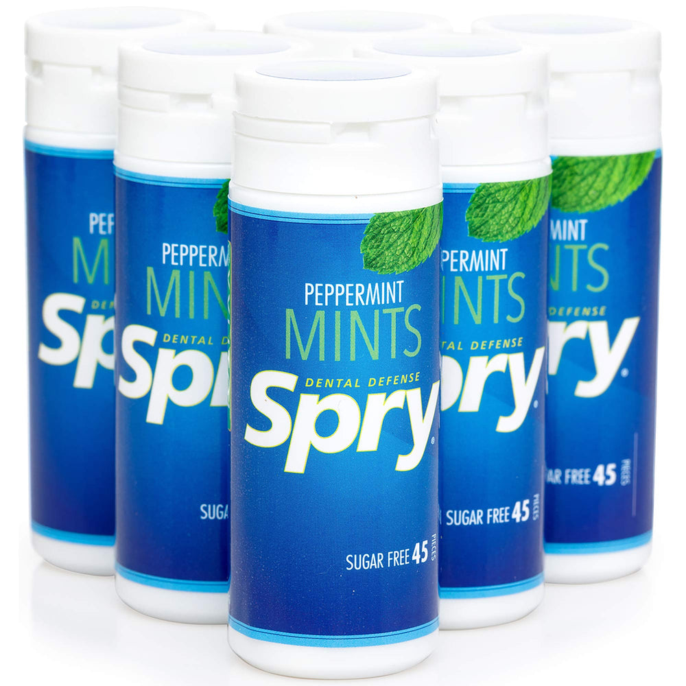 Spry Xylitol Peppermint Candy pack closeup promotes fresh breath naturally.