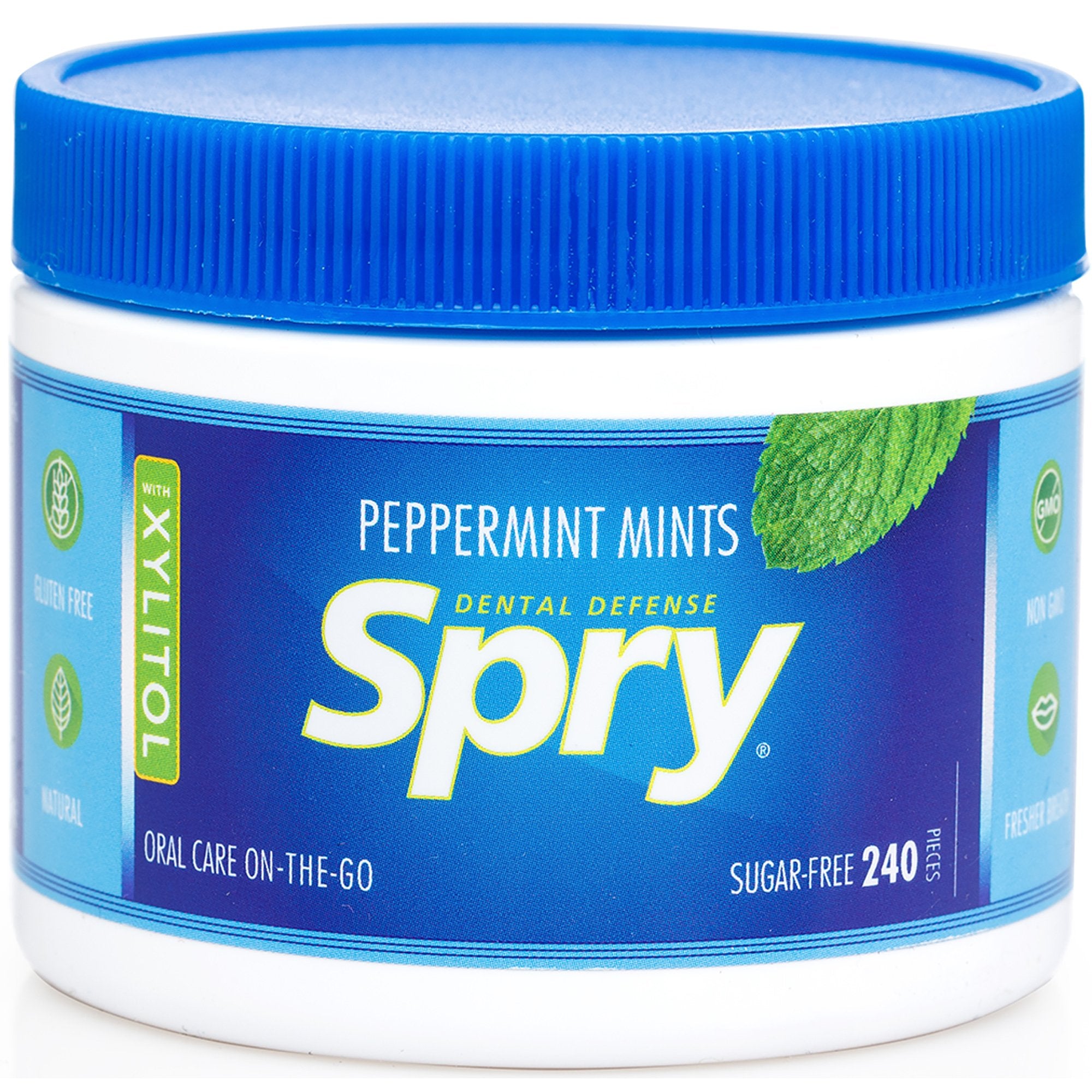Spry Xylitol Peppermint Candy pack front, sugar-free breath freshener for daily use.