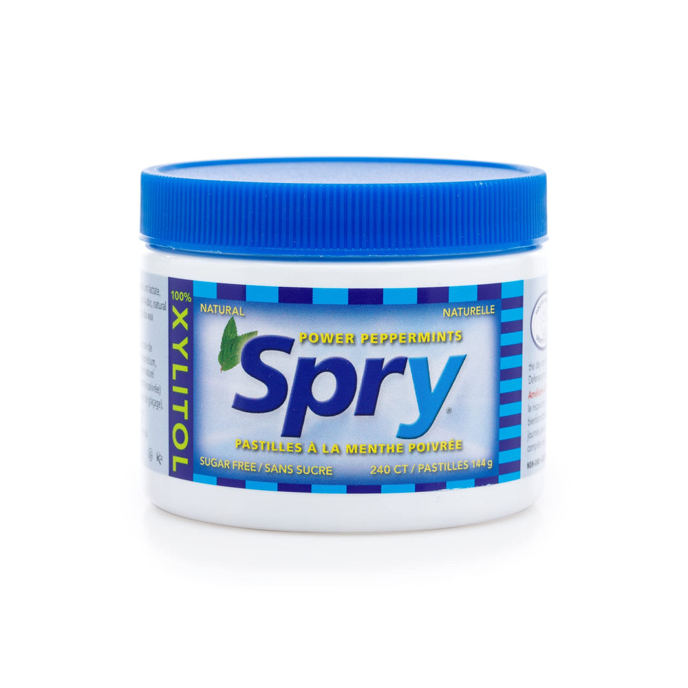 Spry Xylitol Peppermint Candy packaging highlights non-GMO and gluten-free.